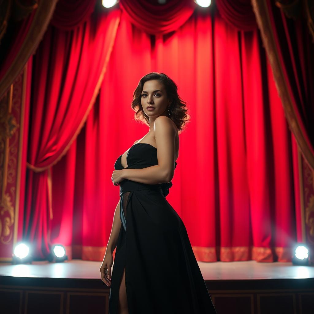 A beautiful actress stepping onto the stage, with a vibrant red curtain elegantly drawn behind her