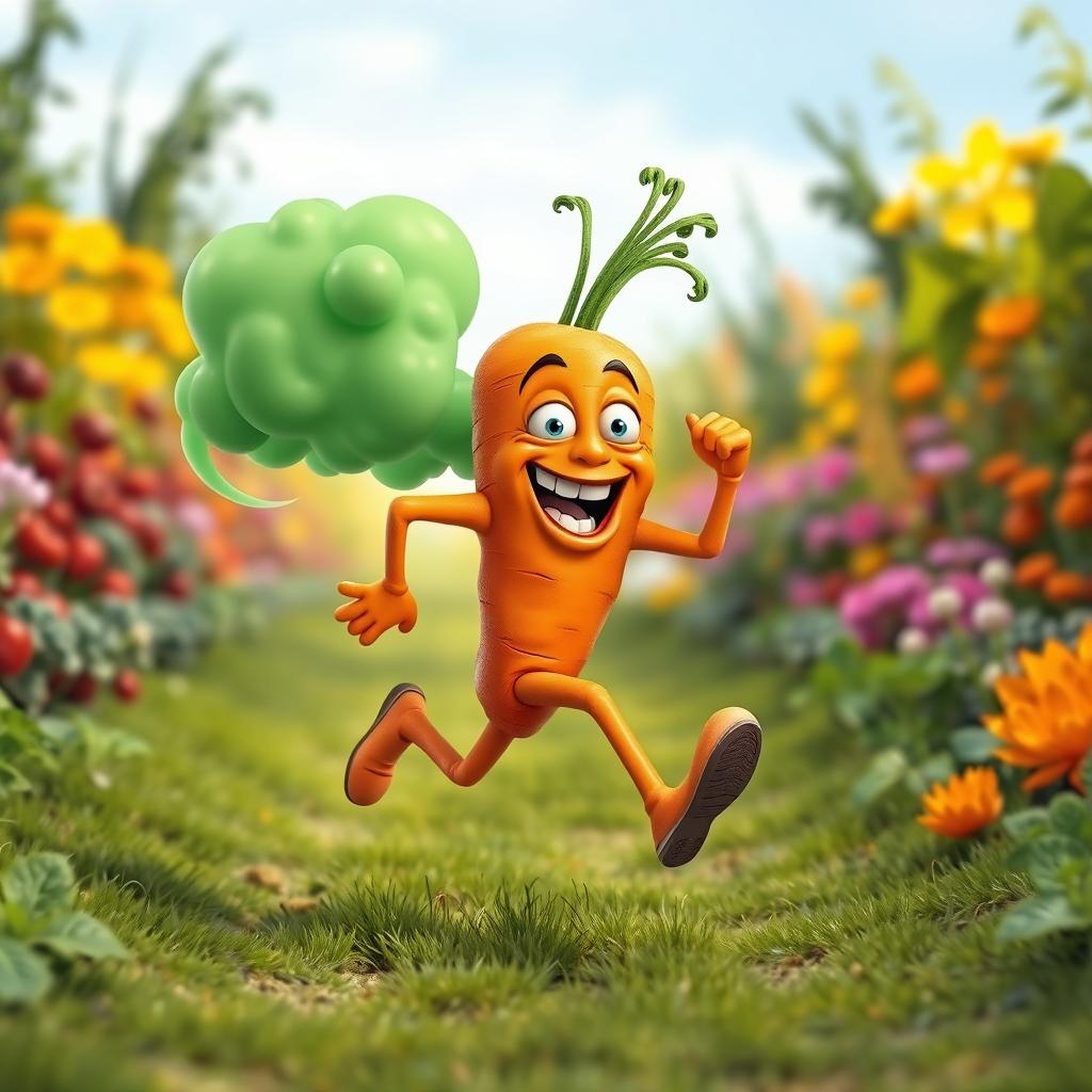 A humorous and realistic depiction of a carrot character with human-like hands and legs, sprinting energetically while proudly farting