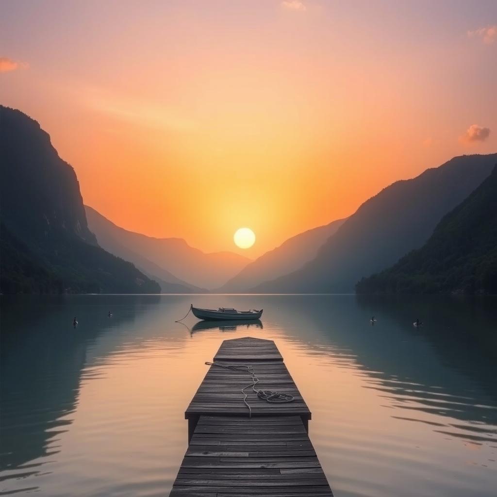 A serene landscape featuring a golden sunset over a calm lake, surrounded by lush green mountains
