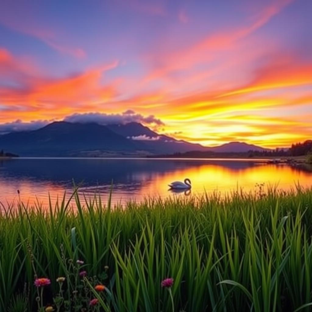 A serene landscape featuring a vibrant sunset over a tranquil lake