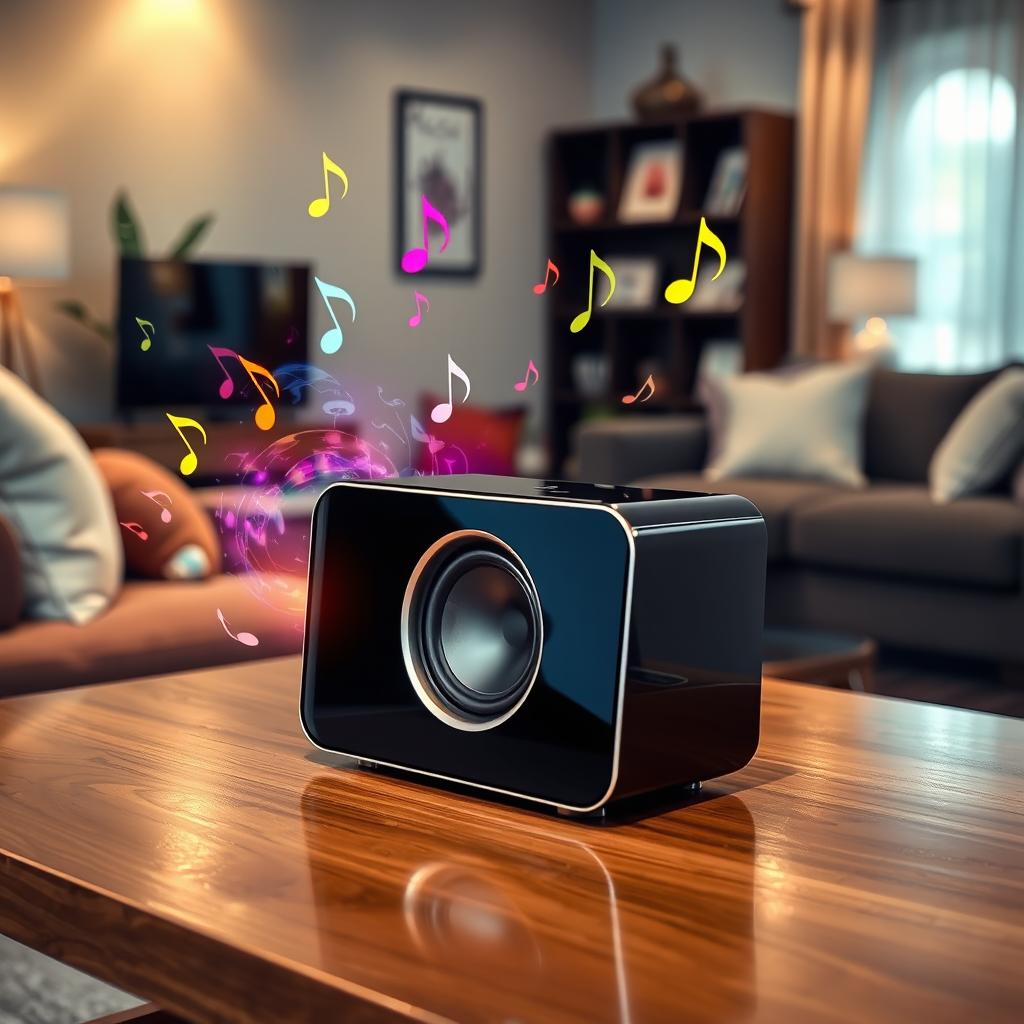 A modern, sleek music speaker set on a stylish wooden table, surrounded by vibrant musical notes floating around it