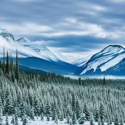 A picturesque snow-covered Canadian landscape with majestic mountains in the background and verdant evergreen trees dotting the foreground.