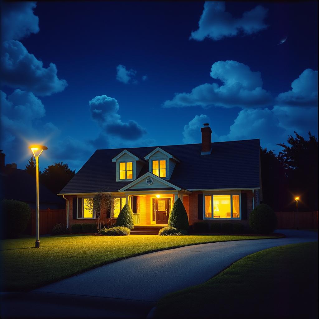 A VHS cassette cover design featuring a charming suburb house at night