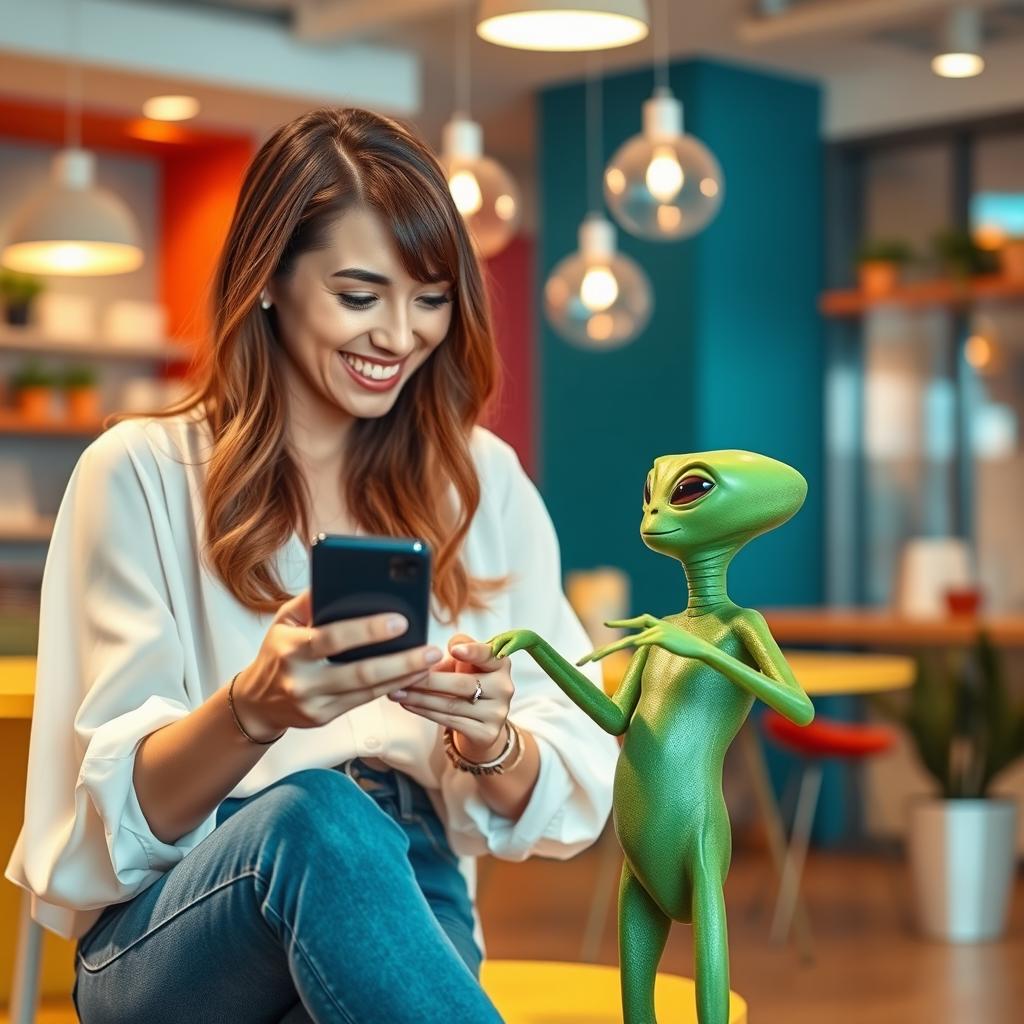 A 35-year-old woman with brown hair wearing blue jeans and a white blouse, smiling as she interacts with a small green alien holding a smartphone