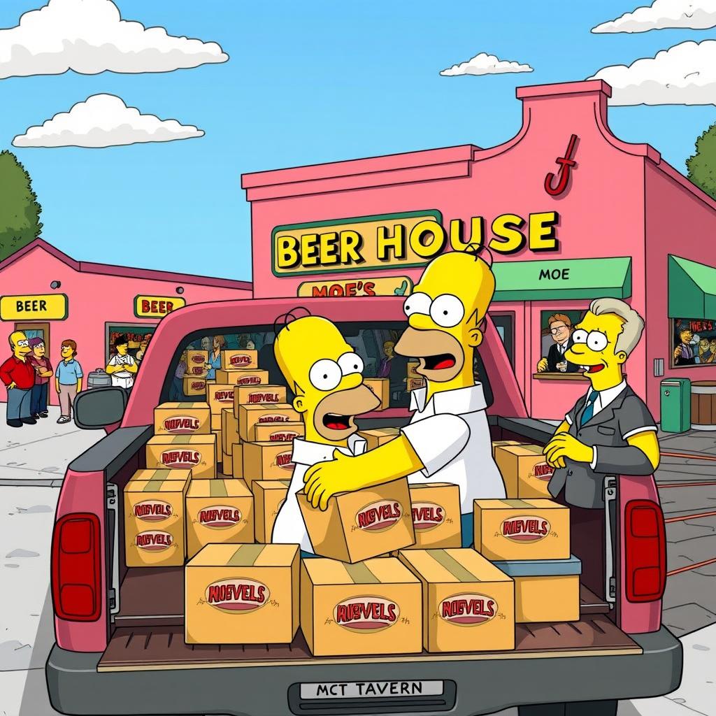 Homer Simpson, with his iconic bald head and friendly face, excitedly loading boxes after boxes of beer into the back of a spacious pickup truck outside Moe's Tavern, known as Beer House