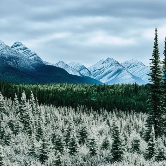 A picturesque snow-covered Canadian landscape with majestic mountains in the background and verdant evergreen trees dotting the foreground.