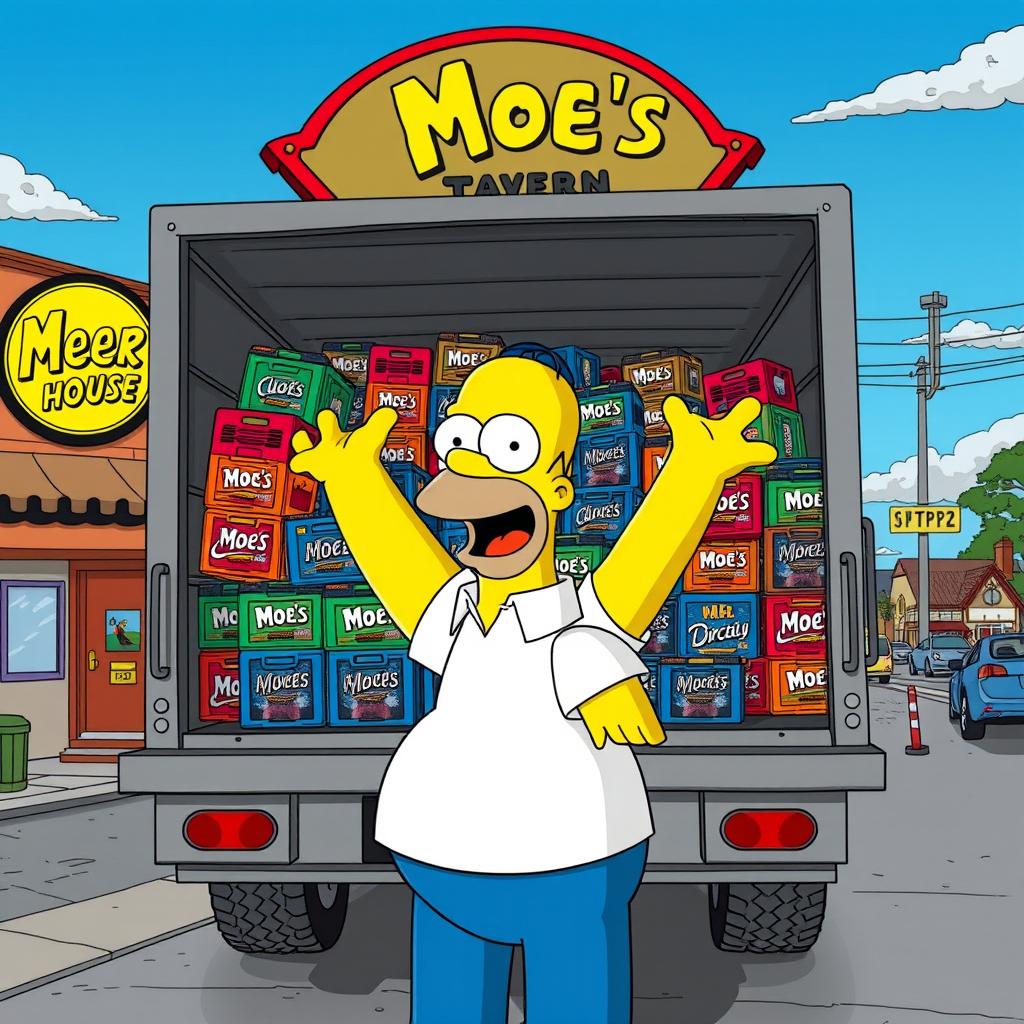 Homer Simpson joyfully buying an enormous amount of beer, filling the back of a large truck outside of Moe's Tavern, known as Beer House