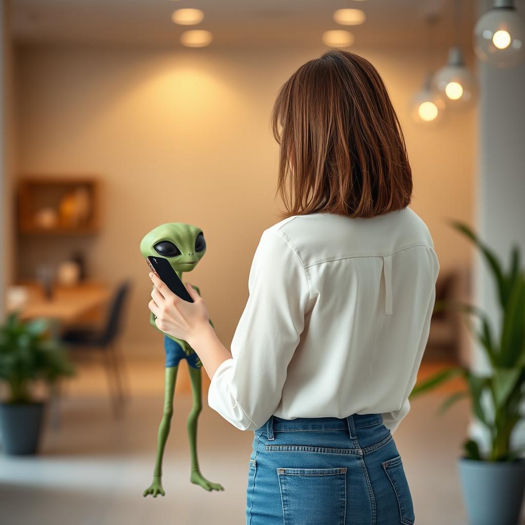 A realistic back view of a 35-year-old woman with brown hair, dressed in blue jeans and a white blouse