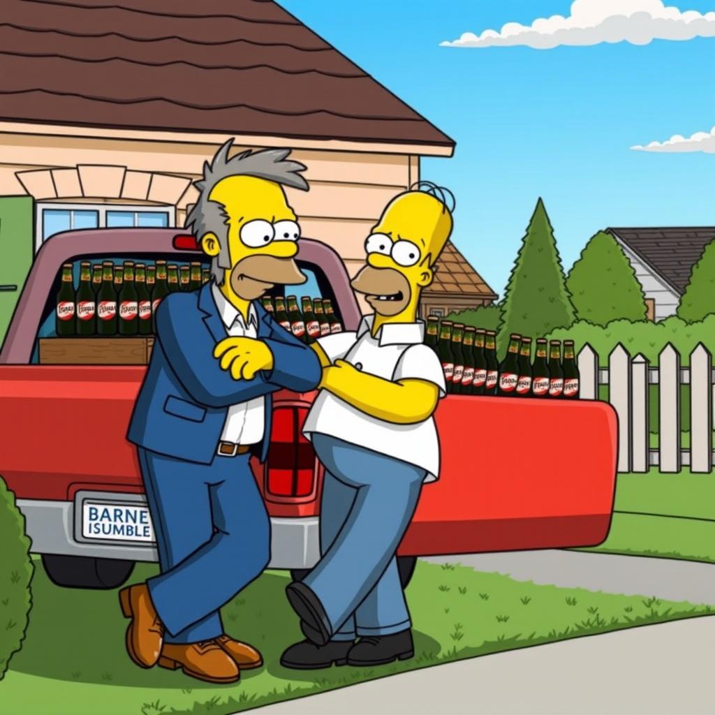 Barney Gumble clandestinely selling cases of beer to Homer Simpson at Homer's house, depicted in a humorous and lively cartoon style
