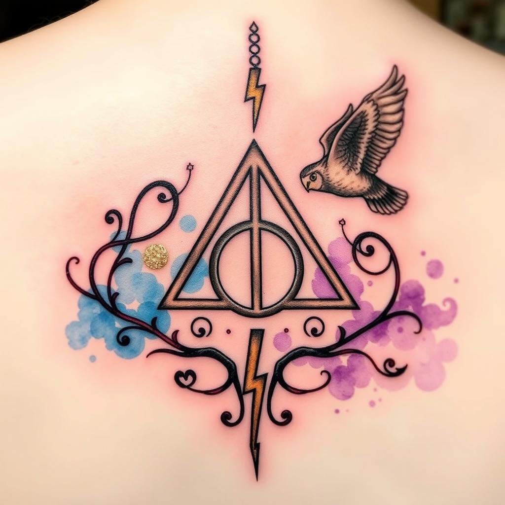 A beautifully designed tattoo inspired by the Harry Potter universe, featuring iconic symbols such as the Deathly Hallows, a lightning bolt, and an owl in flight