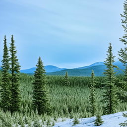 A picturesque snow-covered Canadian landscape with majestic mountains in the background and verdant evergreen trees dotting the foreground.