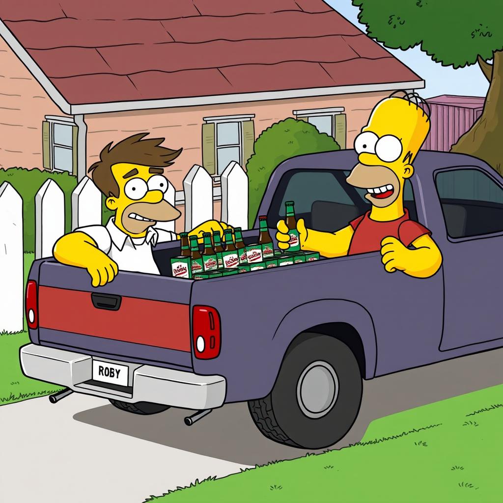 Barney Gumble secretly selling beer from a pickup truck to Homer Simpson at Homer's house, illustrated in a playful cartoon style