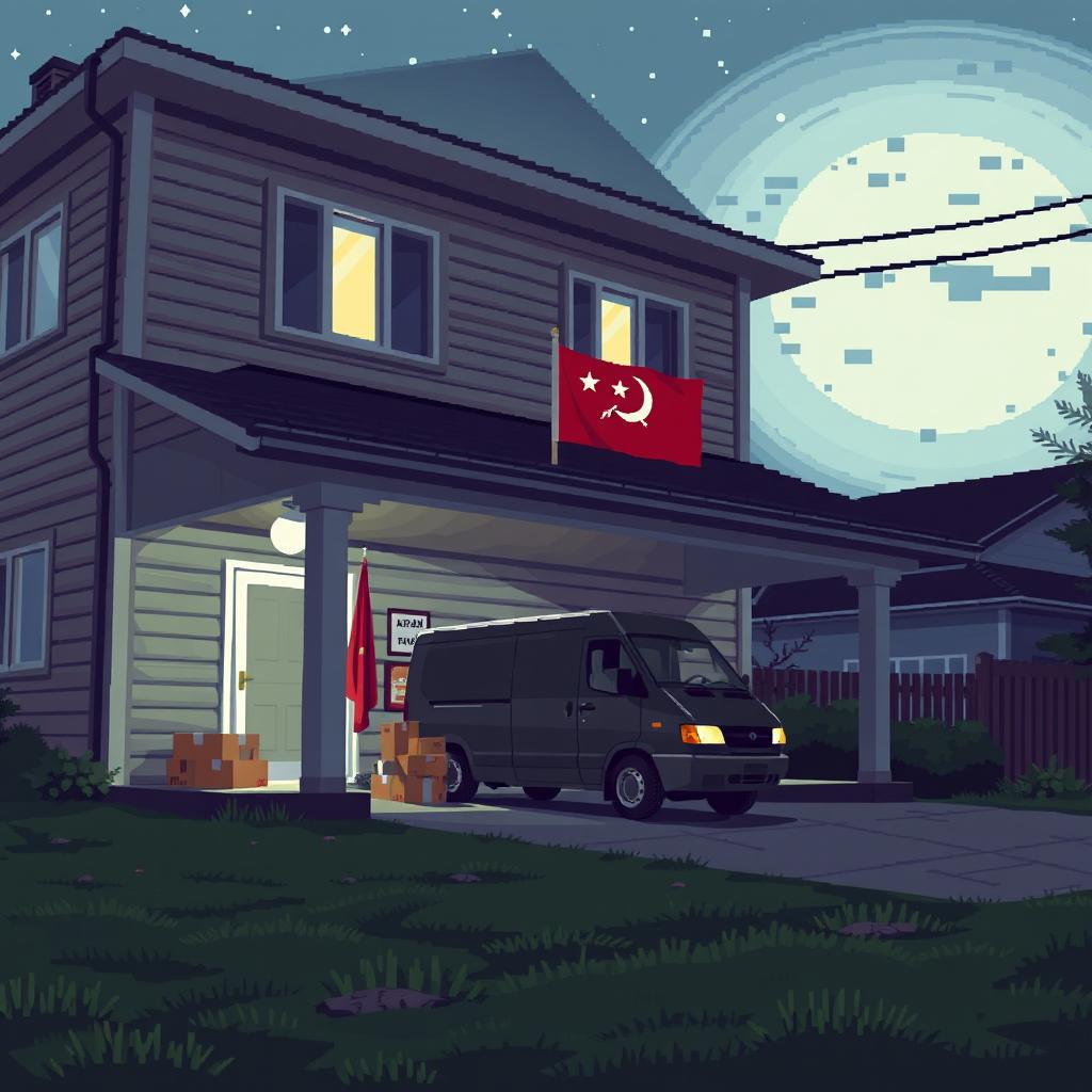 A pixelized VHS cassette cover design showcasing a close-up view from the ground up of a wide, two-story suburban house at night