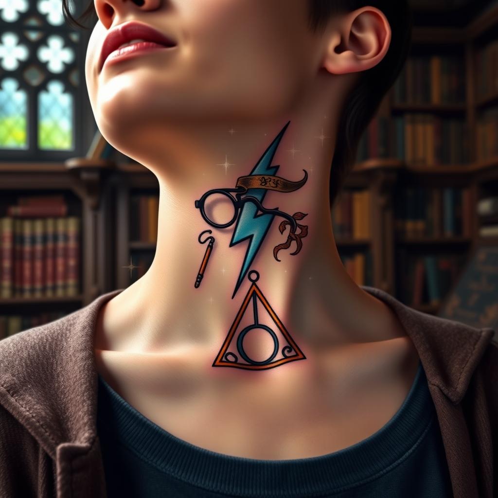 A beautifully designed neck tattoo inspired by the Harry Potter series, featuring iconic elements such as a lightning bolt, glasses, a wand, and the Deathly Hallows symbol