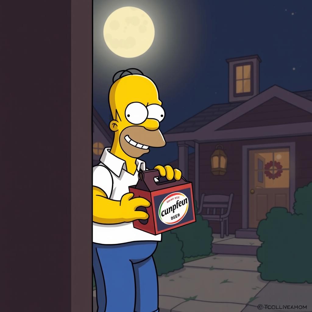 Homer Simpson secretly receiving beer from a hidden stash during a curfew, illustrated in a playful and humorous cartoon style