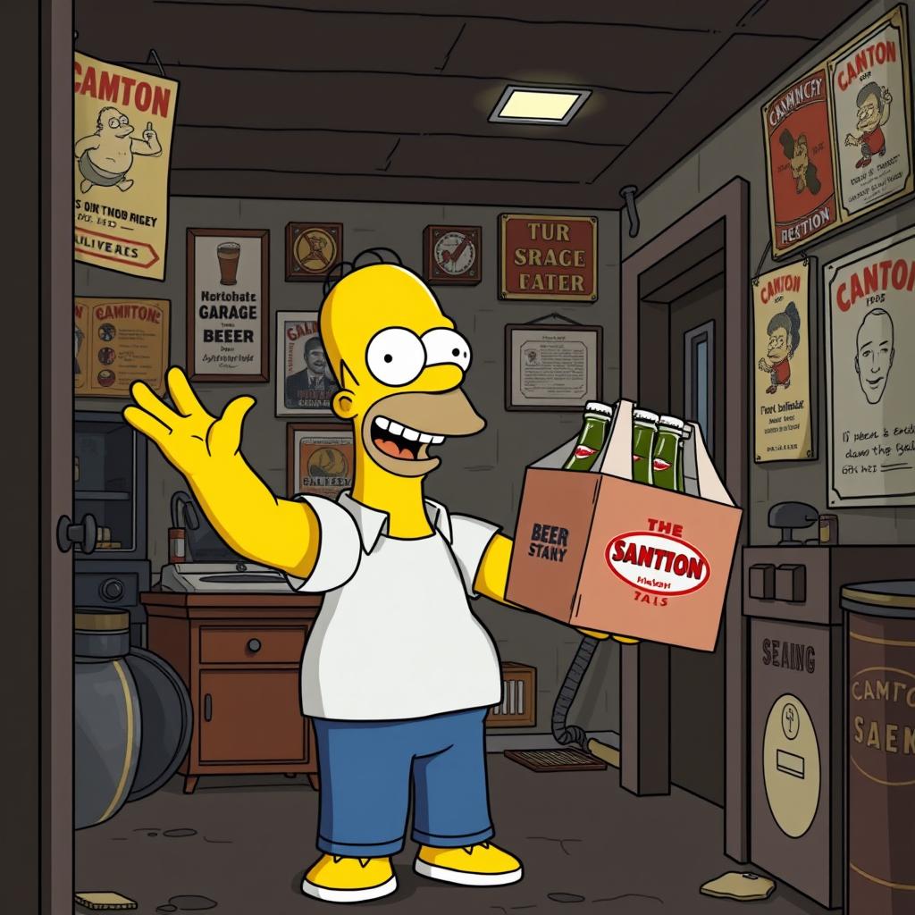 Homer Simpson joyfully receiving beer in secret from a hidden stash during Prohibition, illustrated in a fun and playful cartoon style