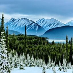 A picturesque snow-covered Canadian landscape with majestic mountains in the background and verdant evergreen trees dotting the foreground.