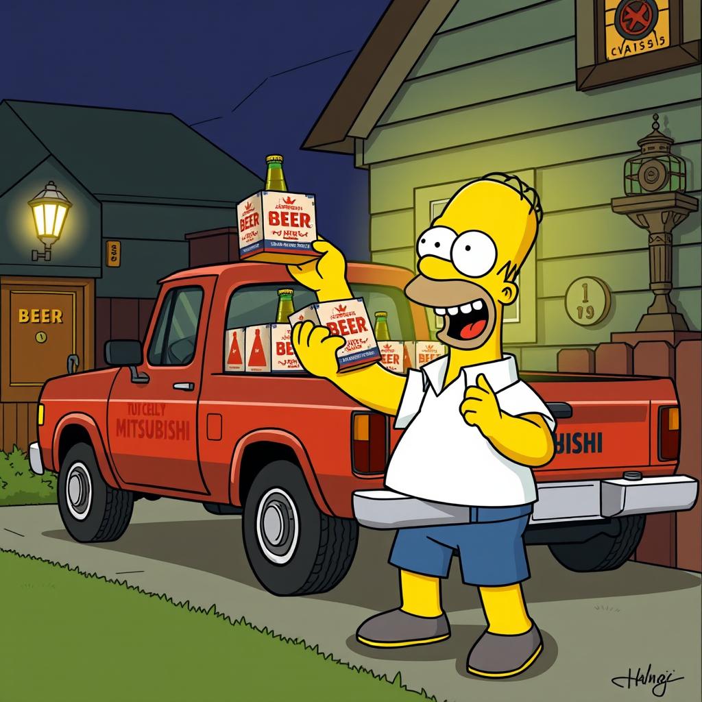 Homer Simpson joyfully receiving beer in secret from a Mitsubishi pickup truck during Prohibition, illustrated in a whimsical cartoon style