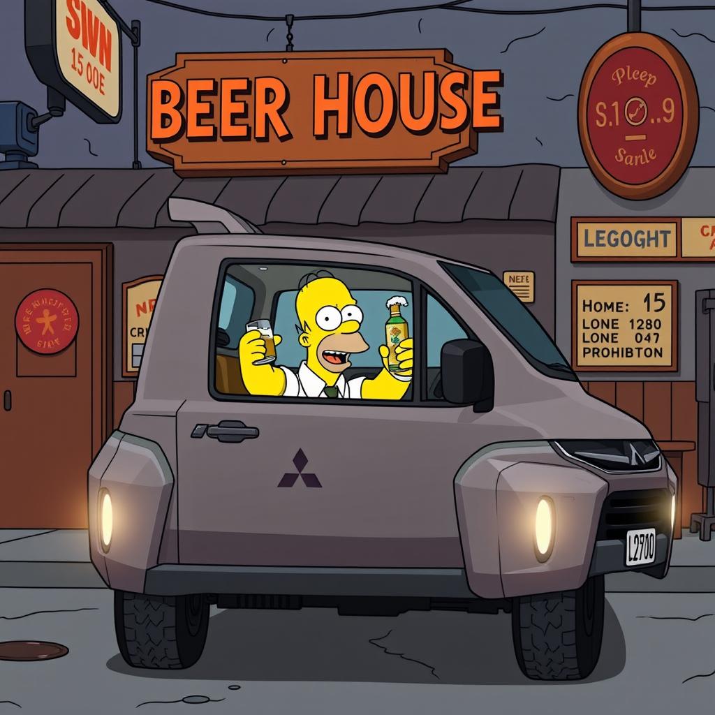 Homer Simpson joyfully receiving a beer in secret inside a sleek 2024 Mitsubishi L200 truck from a Beer House, during the Prohibition era
