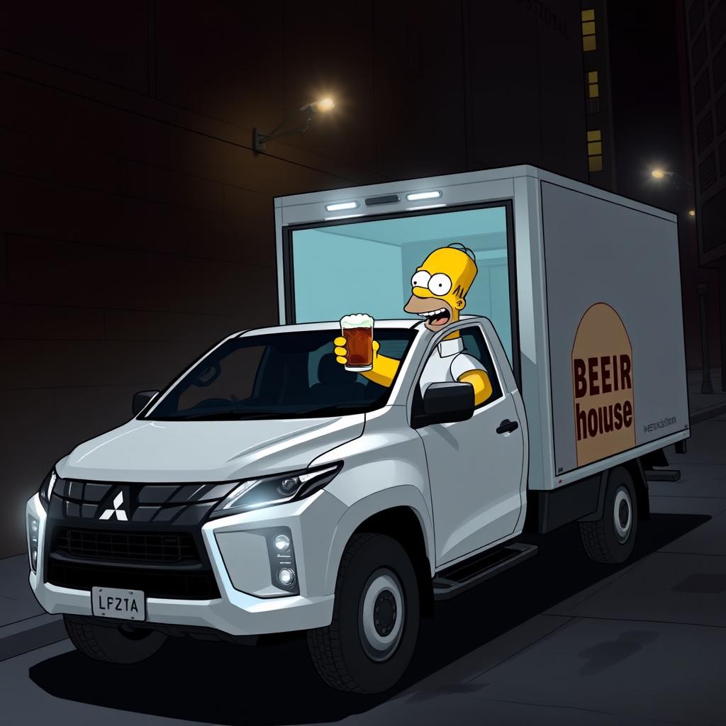 Homer Simpson joyfully receiving a beer in secret inside a 2024 Mitsubishi L200 truck, parked discreetly in a shadowy alley