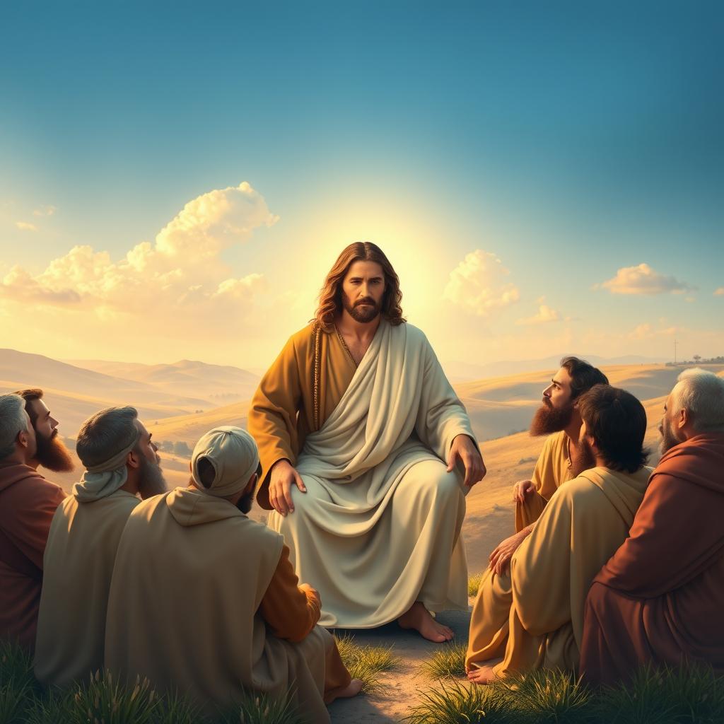 A serene and uplifting scene depicting Jesus surrounded by his disciples, engaged in a moment of teaching and sharing wisdom