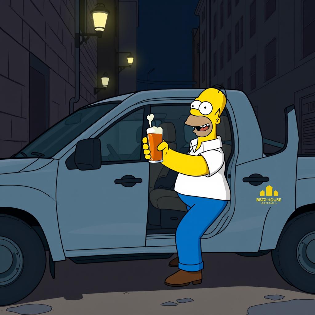 Homer Simpson joyfully receiving a beer in secret inside a 2024 Mitsubishi L200 truck, parked discreetly in a shadowy alley