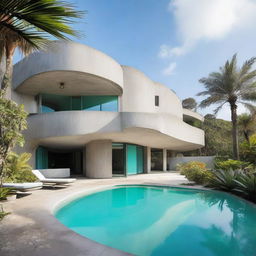 A single storey brutalist villa made of raw concrete, situated on a hill with an ocean view. The minimalistic, curved architecture is reminiscent of John Lautner's style. A bright, turquoise-tiled pool curves luxuriously nearby, surrounded by a lush tropical garden of palm trees.