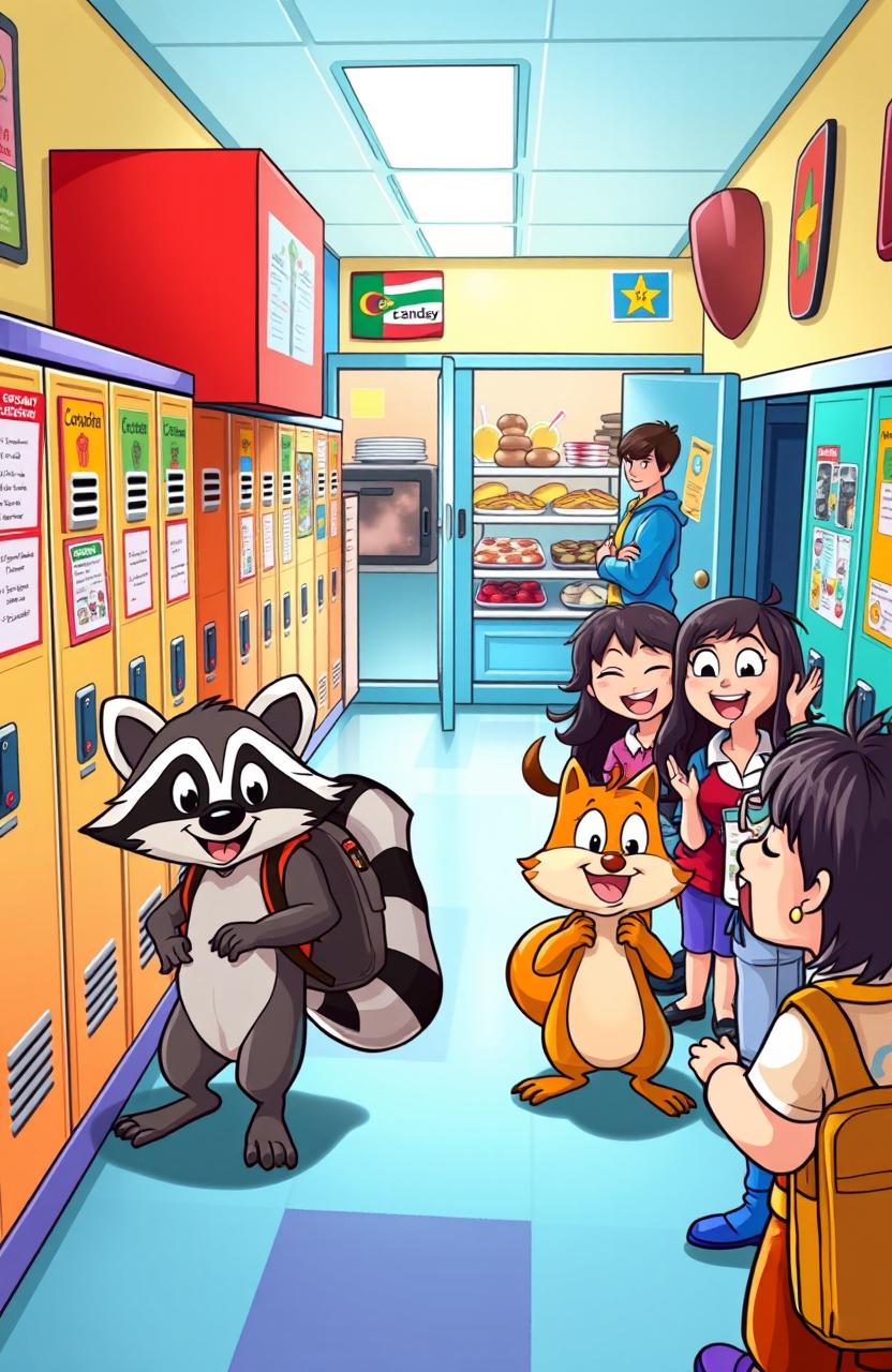 A vibrant and humorous scene capturing a group of playful cartoon characters planning their great escape to a cafeteria