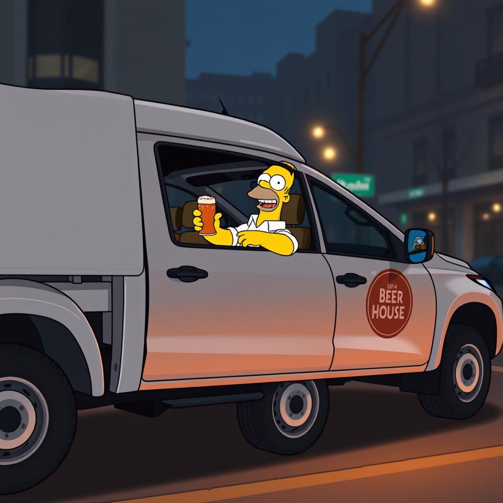 Homer Simpson happily receiving a beer in secret inside a 2024 Mitsubishi L200 truck, parked in a discreet location with shadows adding an air of mystery
