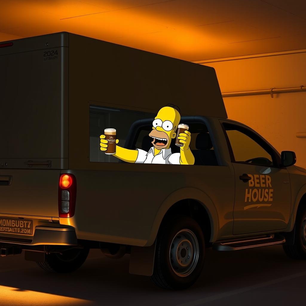 Homer Simpson joyfully receiving a beer in secret inside a 2024 Mitsubishi L200 truck, parked in a concealed area with dim lighting, evoking a sense of secrecy