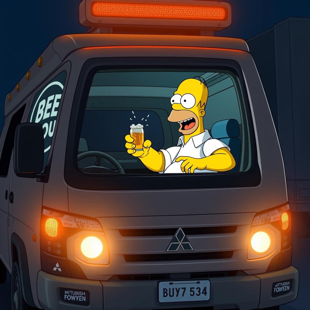 Homer Simpson excitedly receiving a beer in secret inside a 2024 Mitsubishi L200 truck, parked secretly under the cover of night