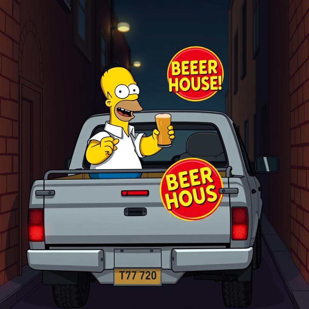 Homer Simpson cheerfully delivering beer orders in secret from a 2024 Mitsubishi L200 truck, styled with a vibrant Beer House logo