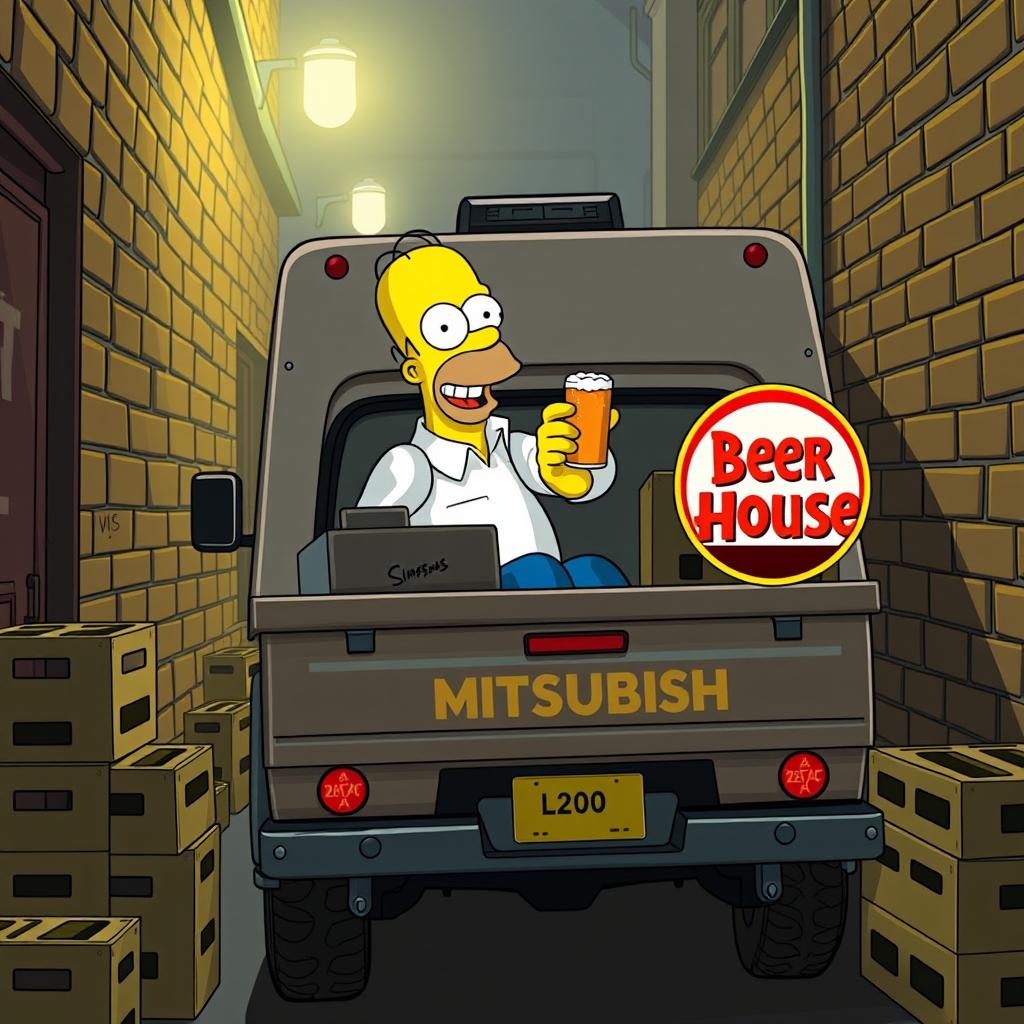 Homer Simpson happily delivering beer orders in secret from a 2024 Mitsubishi L200 truck, emblazoned with a bright Beer House logo