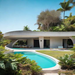 A single storey brutalist villa made of raw concrete, situated on a hill with an ocean view. The minimalistic, curved architecture is reminiscent of John Lautner's style. A bright, turquoise-tiled pool curves luxuriously nearby, surrounded by a lush tropical garden of palm trees.