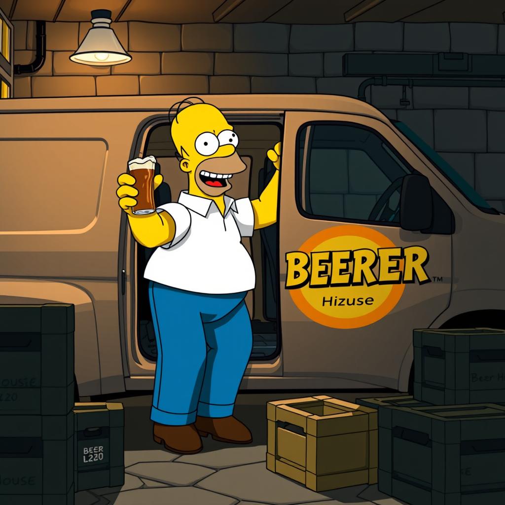 Homer Simpson joyfully delivering beer orders in secret from a sleek 2024 Mitsubishi L200 truck, adorned with an eye-catching Beer House logo