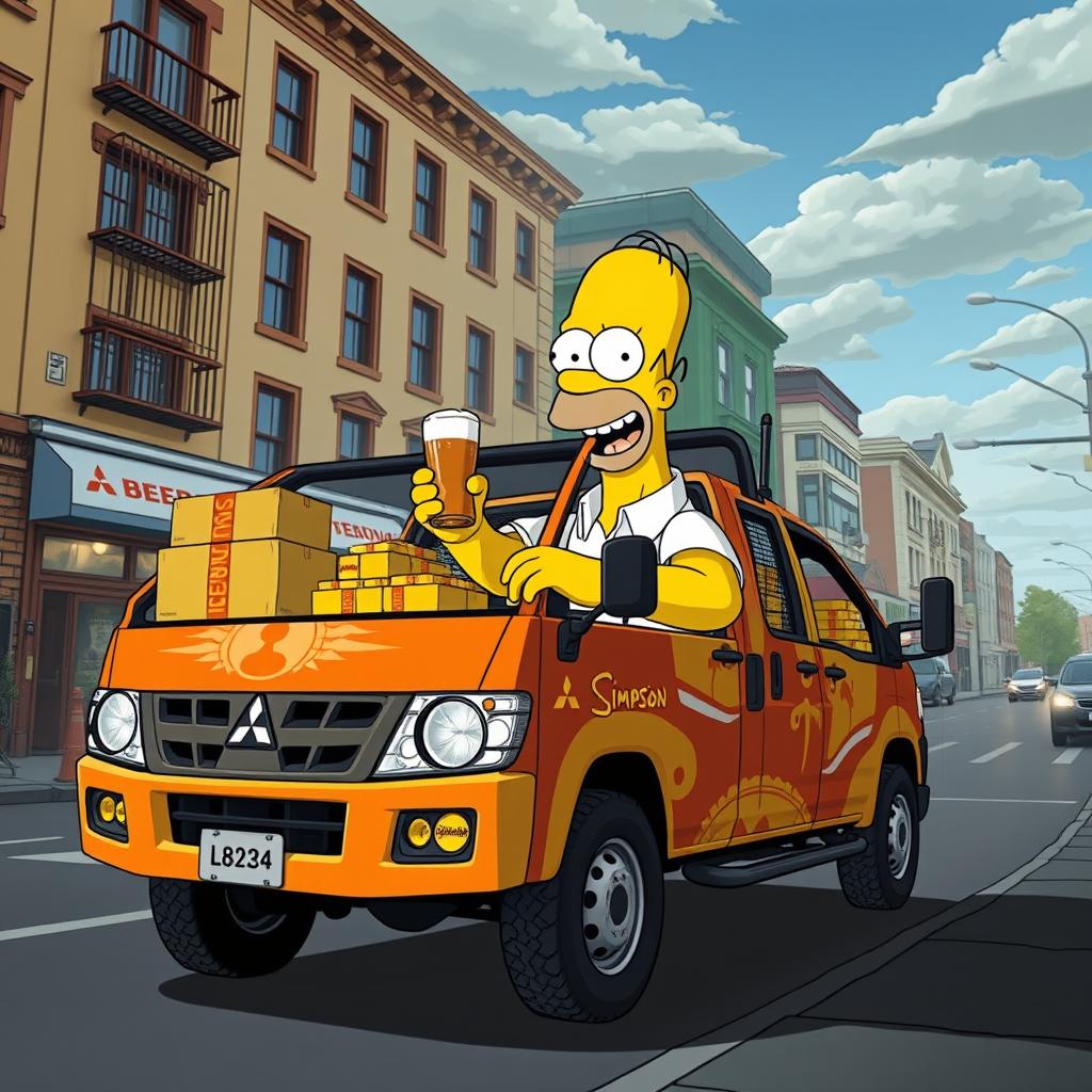 Homero Simpson, alegre y sonriente, repartiendo pedidos de cerveza en secreto desde una camioneta Mitsubishi L200 del 2024 con un diseño colorido y llamativo para Beer House