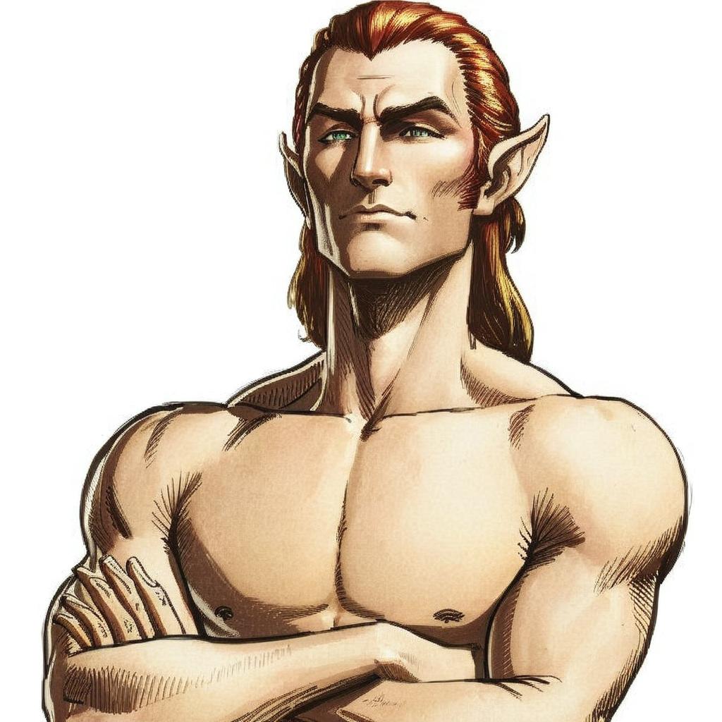 Portrait of an Elder Scrolls Altmer (high elf) male, with golden skin, wine-red hair, and a pencil thin mustache