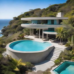 A single storey brutalist villa made of raw concrete, situated on a hill with an ocean view. The minimalistic, curved architecture is reminiscent of John Lautner's style. A bright, turquoise-tiled pool curves luxuriously nearby, surrounded by a lush tropical garden of palm trees.