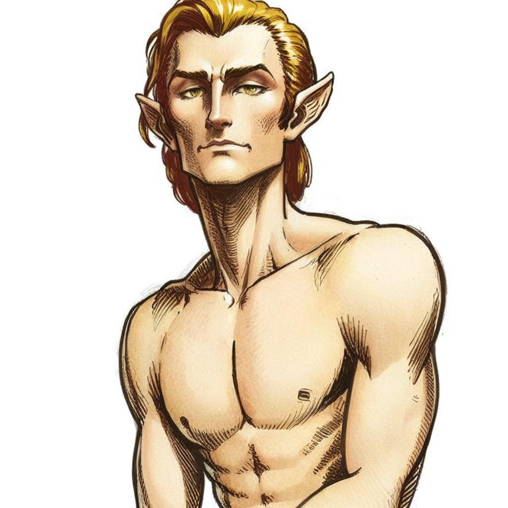Portrait of a skinny high elf male with yellow-golden skin, wine-red hair, and a pencil mustache
