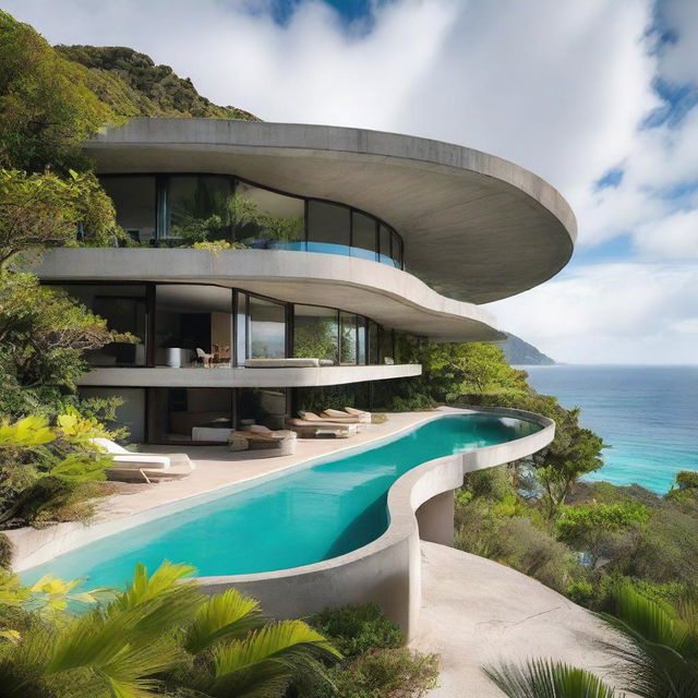 A single storey brutalist villa made of raw concrete, situated on a hill with an ocean view. The minimalistic, curved architecture is reminiscent of John Lautner's style. A bright, turquoise-tiled pool curves luxuriously nearby, surrounded by a lush tropical garden of palm trees.