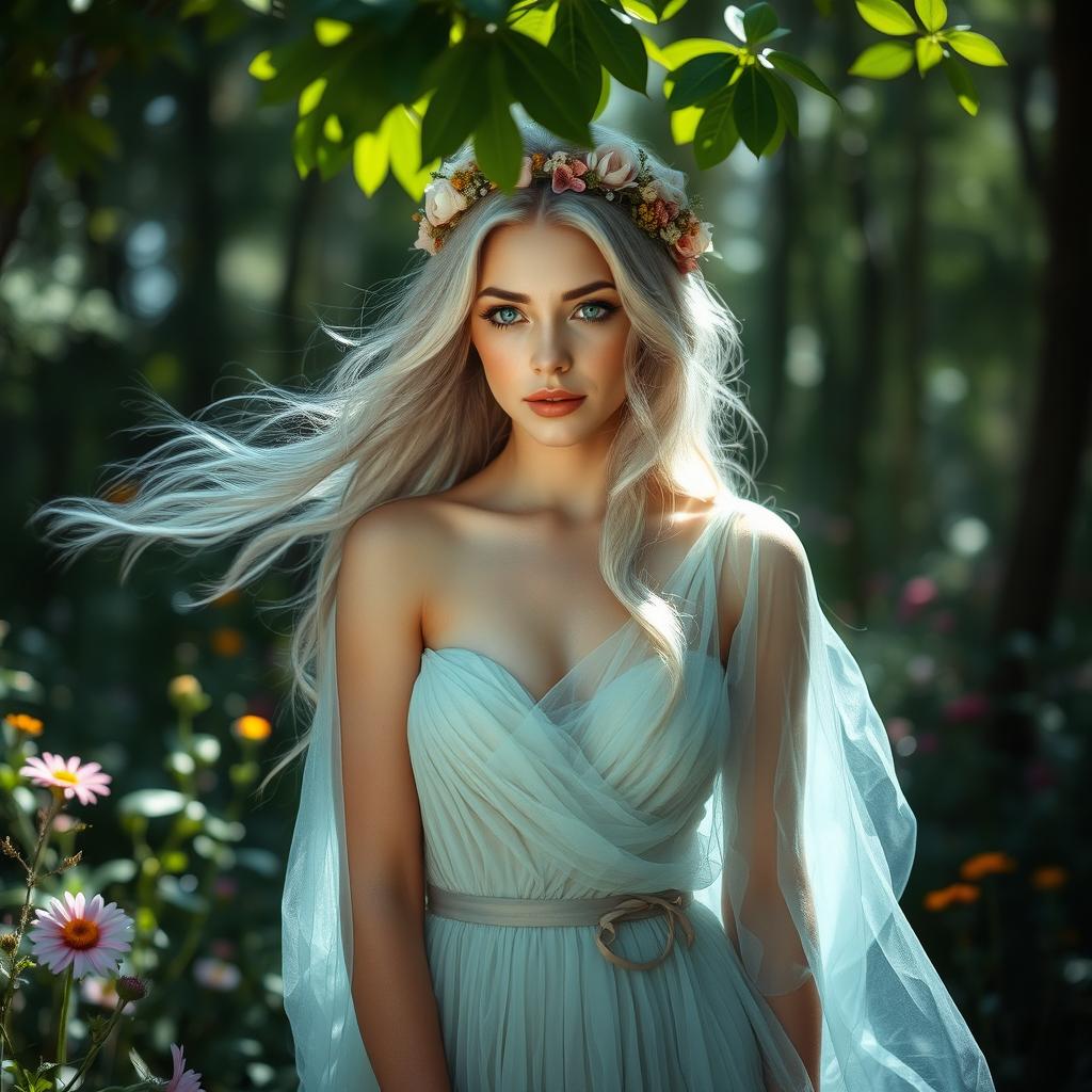 A stunning, ethereal woman with flowing silver hair stands in a lush forest, surrounded by vibrant wildflowers and soft, glowing lights that mimic fireflies