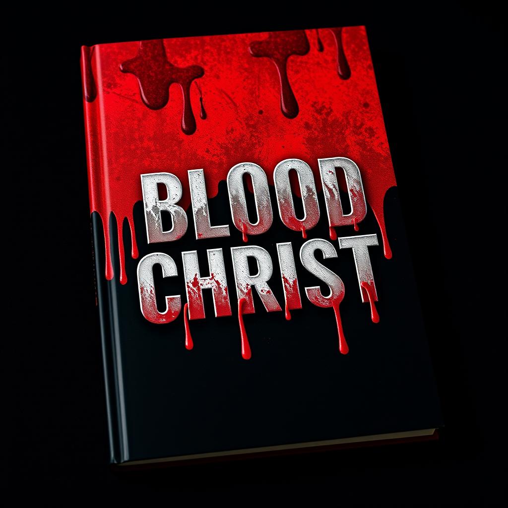 An intense book cover featuring a bold blood design, with deep red splashes and drips creating a dramatic effect against a dark background