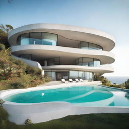 A single-storey brutalist villa in raw concrete on a hill, offering panoramic ocean views. The curvaceous and minimal architecture is inspired by Zaha Hadid. Adjacent, a turquoise-tiled, curved pool brings life to the surroundings, embraced by a lush tropical garden of palm trees.