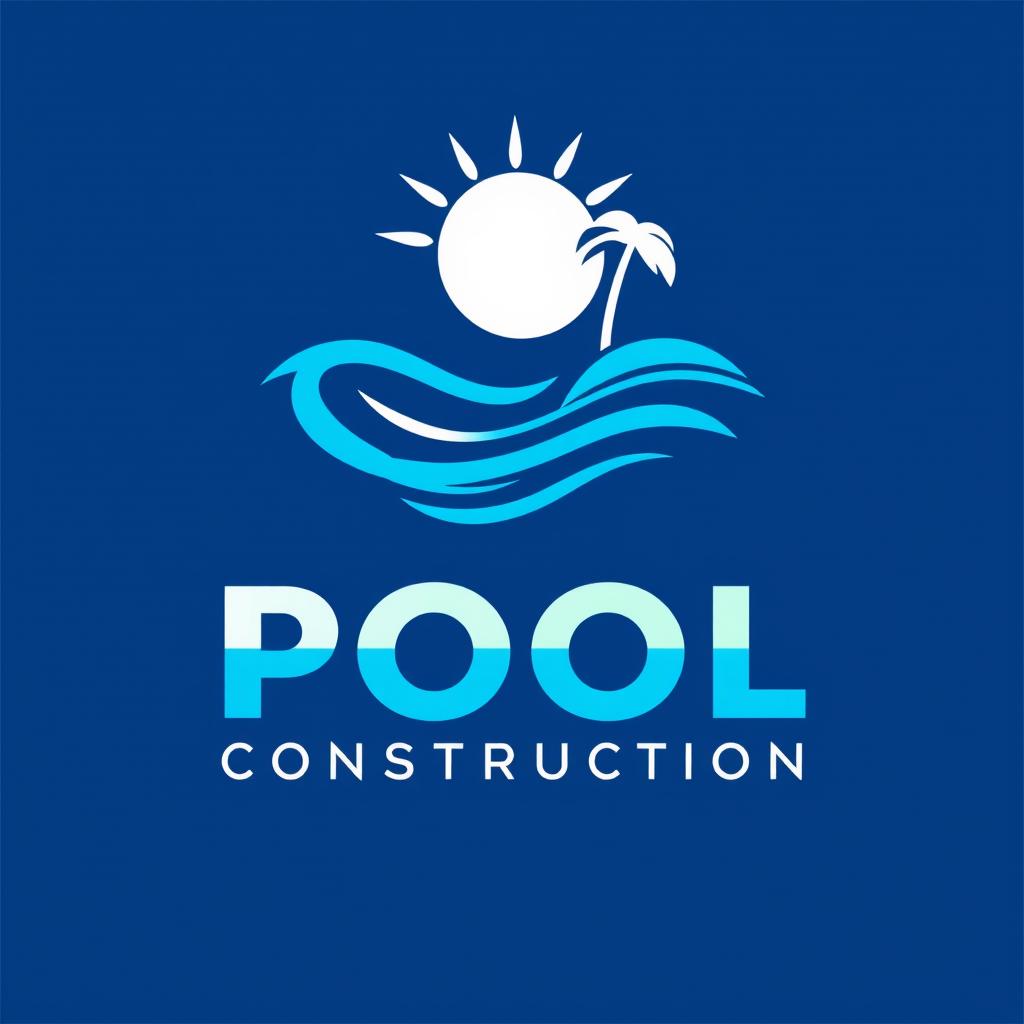 A modern and sleek logo design for a pool construction business, featuring a stylized representation of a swimming pool integrated with water waves