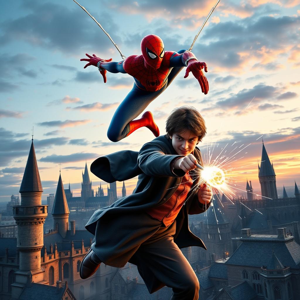 A dynamic scene illustrating an epic battle between Spider-Man and Harry Potter