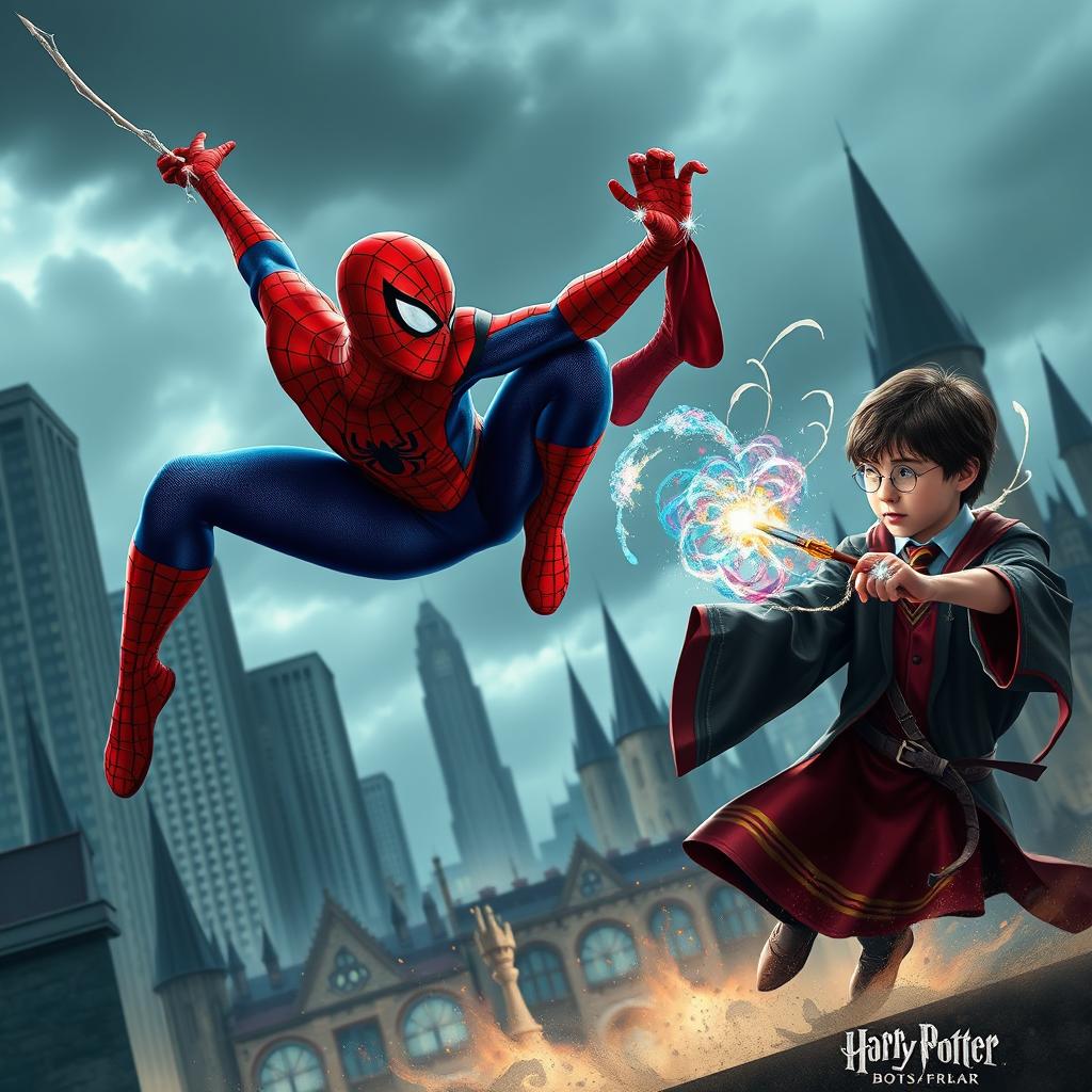 An epic crossover scene featuring Spider-Man engaging in a magical duel with Harry Potter