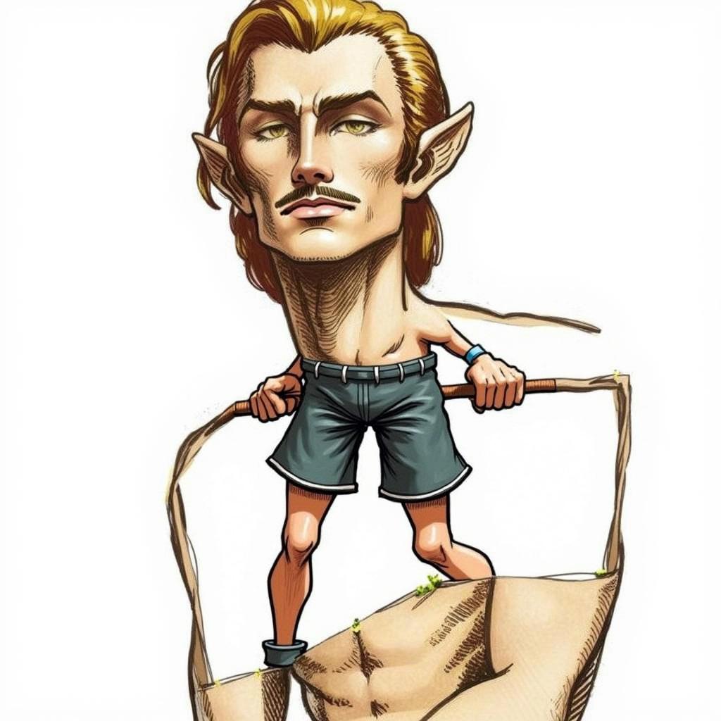 A stylized illustration of a skinny male character with pointed ears and a thin mustache