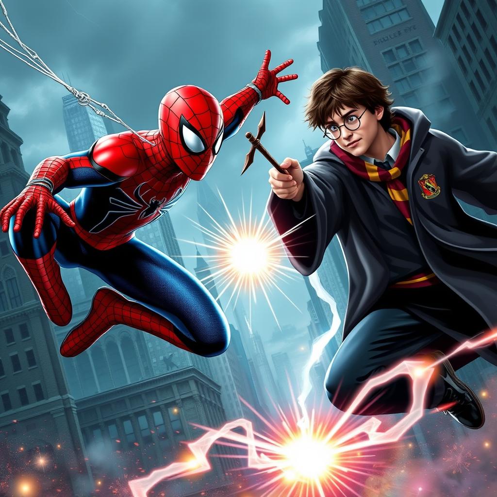 An epic showdown between Spider-Man and Harry Potter, set in a fantastical cityscape with towering buildings and mystical elements