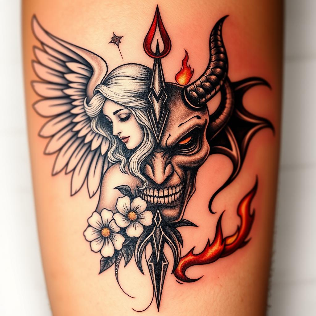 A striking tattoo design representing the theme of good versus evil