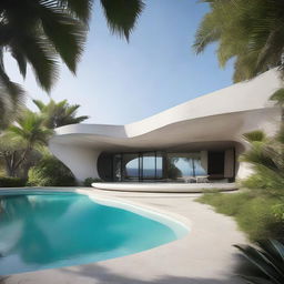 A single-storey brutalist villa in raw concrete on a hill, offering panoramic ocean views. The curvaceous and minimal architecture is inspired by Zaha Hadid. Adjacent, a turquoise-tiled, curved pool brings life to the surroundings, embraced by a lush tropical garden of palm trees.